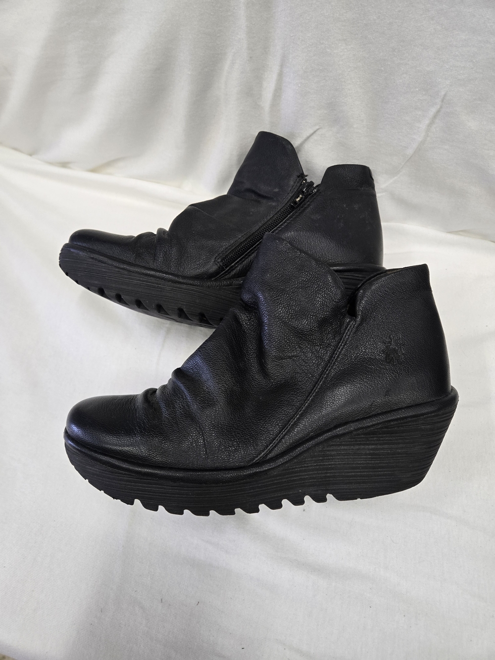Fly London Black Leather Wedge Ankle Booties